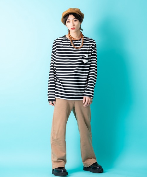 ankoROCK（アンコロック）の「TEDDY ankoROCK ボーダーボートネックカットソー / メンズ レディース ユニセックス 長袖 ロングT シャツ 柄 ルーズシルエット ワンポイント（Tシャツ/カットソー・メンズ・ネイビー/ブラック・L/M/S）」の8枚目の写真