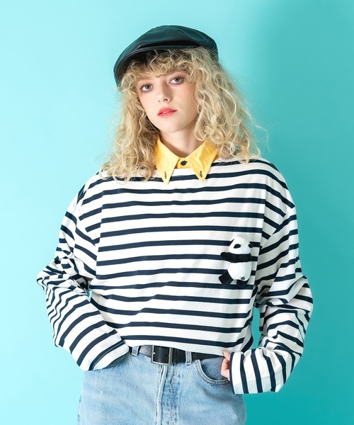 ankoROCK（アンコロック）の「TEDDY ankoROCK ボーダーボートネックカットソー / メンズ レディース ユニセックス 長袖 ロングT シャツ 柄 ルーズシルエット ワンポイント（Tシャツ/カットソー・メンズ・ネイビー/ブラック・L/M/S）」の11枚目の写真