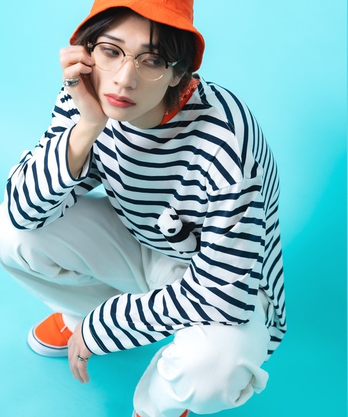 ankoROCK（アンコロック）の「TEDDY ankoROCK ボーダーボートネックカットソー / メンズ レディース ユニセックス 長袖 ロングT シャツ 柄 ルーズシルエット ワンポイント（Tシャツ/カットソー・メンズ・ネイビー/ブラック・L/M/S）」の16枚目の写真