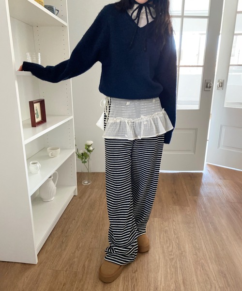 by muni:r(バイ ムニール)の「ワイドストライプ起毛パンツ(スウェットパンツ・レディース・アイボリー/ブラック・FREE)」の18枚目の写真