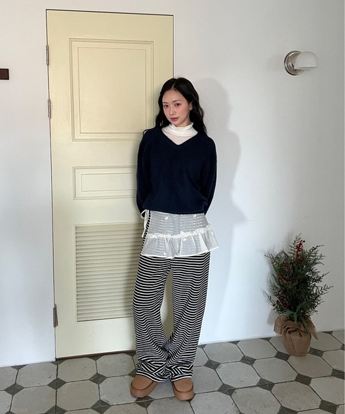 by muni:r(バイ ムニール)の「ワイドストライプ起毛パンツ(スウェットパンツ・レディース・アイボリー/ブラック・FREE)」の22枚目の写真