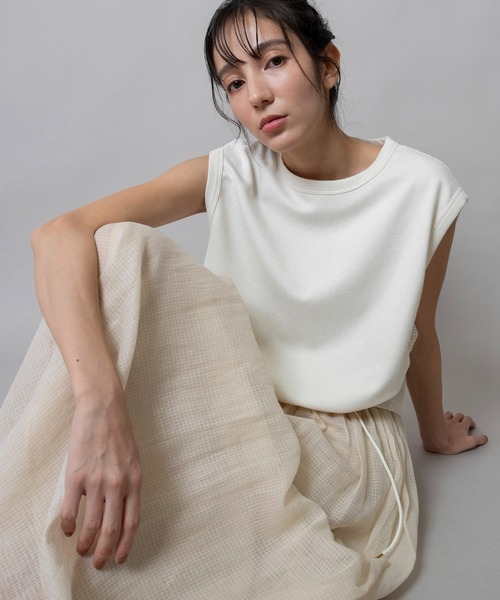 Munich（ミューニック）の「ブークレー×ギマメッシュドッキングトップス（Tシャツ/カットソー・レディース・アイボリー/ブラック/グレイッシュブルー・FREE）」の4枚目の写真