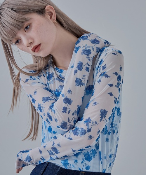 トップス erika ローズプリントシアートップス（Tシャツ/カットソー）｜etoll