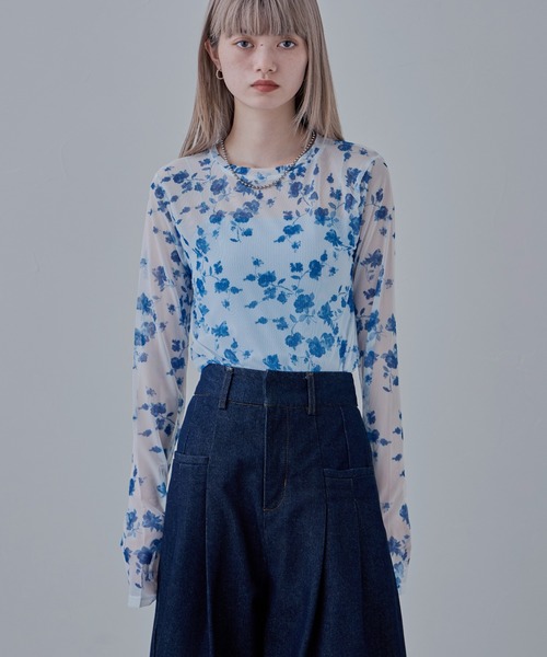 新品タグ付き★レストローズのカットソー⑥ ローズプリントシアートップス（Tシャツ/カットソー）｜etoll