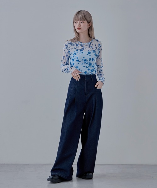 新品タグ付き★レストローズのカットソー⑥ ローズプリントシアートップス（Tシャツ/カットソー）｜etoll