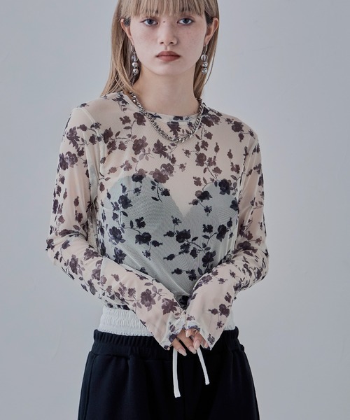 トップス erika ローズプリントシアートップス（Tシャツ/カットソー）｜etoll