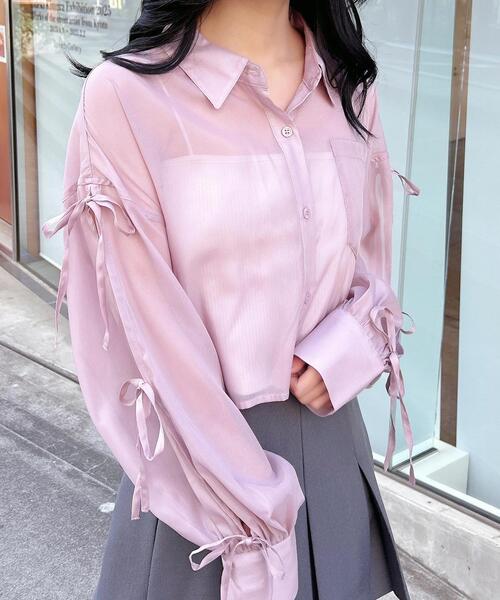 INGNI(イング)の「【WEB限定】袖リボンラメシアーショートシャツ(シャツ/ブラウス・レディース・グレー/ピンク系/アイボリー/サックスブルー/ミント/イエロー/ブルー・M)」の7枚目の写真