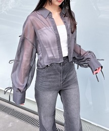 【WEB限定】袖リボンラメシアーショートシャツ