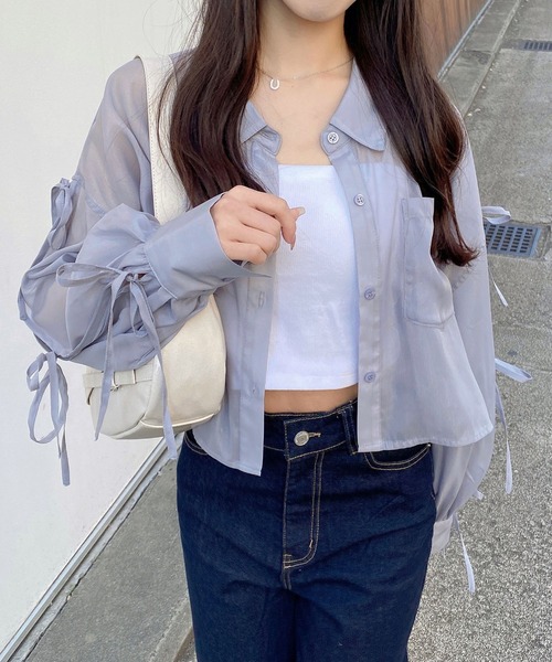 INGNI(イング)の「【WEB限定】袖リボンラメシアーショートシャツ(シャツ/ブラウス・レディース・グレー/ピンク系/アイボリー/サックスブルー/ミント/イエロー/ブルー・M)」の5枚目の写真