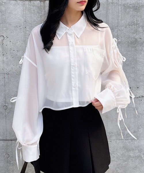 INGNI(イング)の「【WEB限定】袖リボンラメシアーショートシャツ(シャツ/ブラウス・レディース・グレー/ピンク系/アイボリー/サックスブルー/ミント/イエロー/ブルー・M)」の14枚目の写真