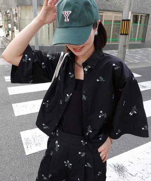 ブラウス シャツ TNタフタ花柄刺繍ハーフスリーブブラウス レディース ナイロンタフタ花柄刺繍ハーフスリーブシャツ【KR select