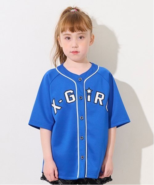 X-girl Stages（エックスガールステージス）の「ロゴアップリケベースボール半袖シャツ（シャツ/ブラウス・キッズ・ブラック/ブルー/ピンク・110cm/120cm/100cm/130cm/140cm）」の13枚目の写真
