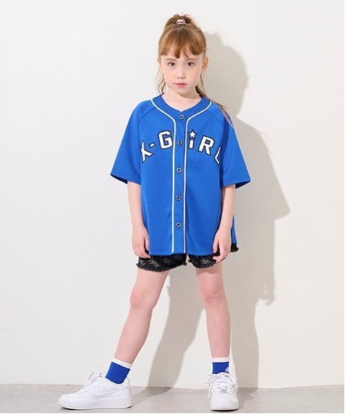 X-girl Stages（エックスガールステージス）の「ロゴアップリケベースボール半袖シャツ（シャツ/ブラウス・キッズ・ブラック/ブルー/ピンク・110cm/120cm/100cm/130cm/140cm）」の15枚目の写真