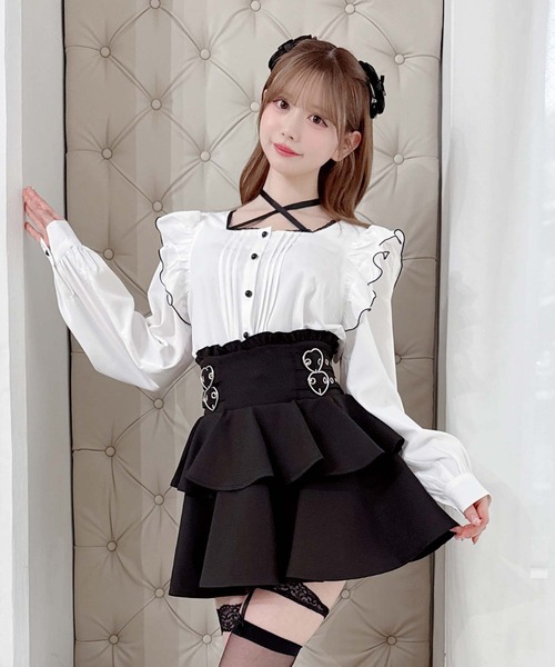 MA*RS(アメーバーマーズ)の「ハートバックル二段フリルスカパン(スカート・レディース・ピンク/ブラック×ホワイト/ブラック/チャコールグレー・FREE)」の1枚目の写真