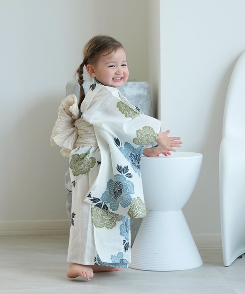 セール】キッズ浴衣3点セット utatane 水色と青磁色の牡丹（浴衣