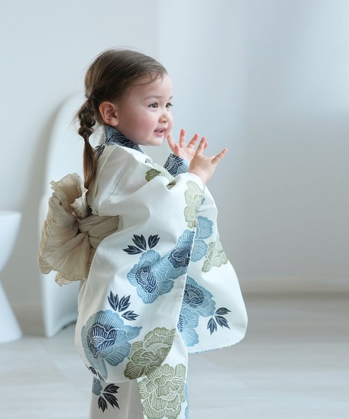 セール】キッズ浴衣3点セット utatane 水色と青磁色の牡丹（浴衣