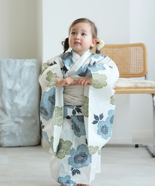 セール】キッズ浴衣3点セット utatane 水色と青磁色の牡丹（浴衣