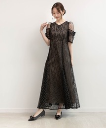 デザインスリーブチュールレイヤードワンピース