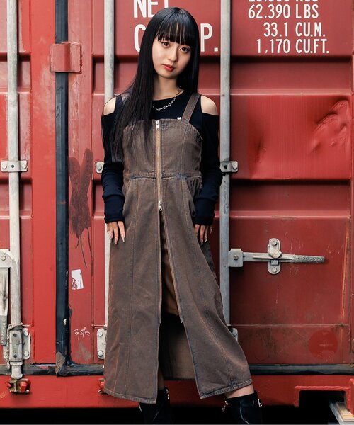 algy(アルジー)の「フロントジップミディジャンスカ(ジャンパースカート・キッズ・ブラウン/サックスブルー・XX-SMALL/X-SMALL/SMALL/MEDIUM)」の1枚目の写真