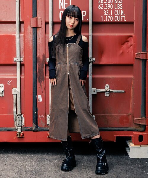 セール】フロントジップミディジャンスカ（ジャンパースカート）｜algy