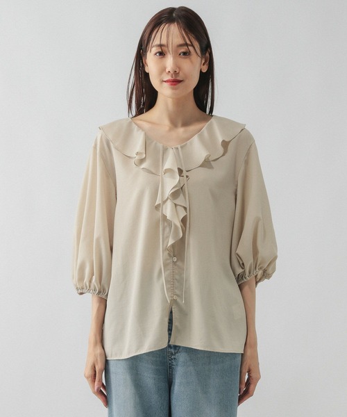 GLOBAL WORK（グローバルワーク）の「ラッフルフリルブラウス/587694（シャツ/ブラウス・レディース・ライトベージュ/ブラック・LARGE/MEDIUM）」の11枚目の写真