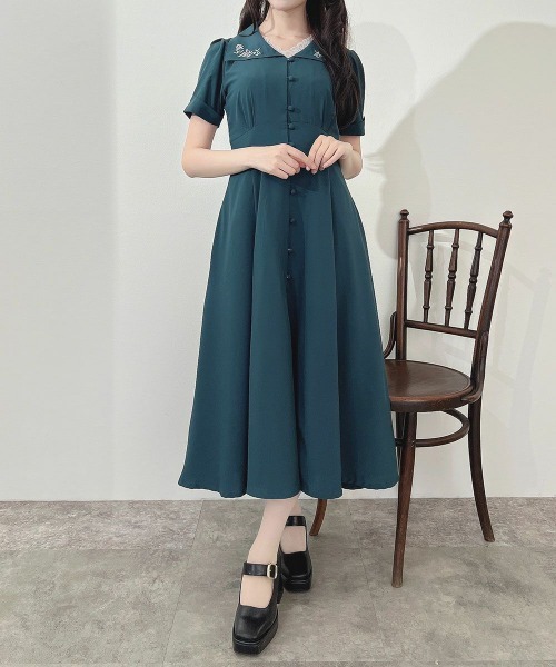 フィント　アンアナザーアンジェラス　ローズ刺繍オーガンジー衿ワンピース ローズ刺繍衿ワンピース（ワンピース）｜an another angelus