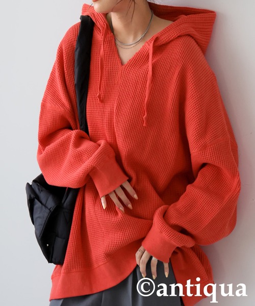 antiqua（アンティカ）の「ガゼット風ネックフーディー（パーカー・レディース・パープル系その他/テラコッタ/ブラック/ブルー/オートミール/杢グレー/スミクロ・ONESIZE）」の4枚目の写真