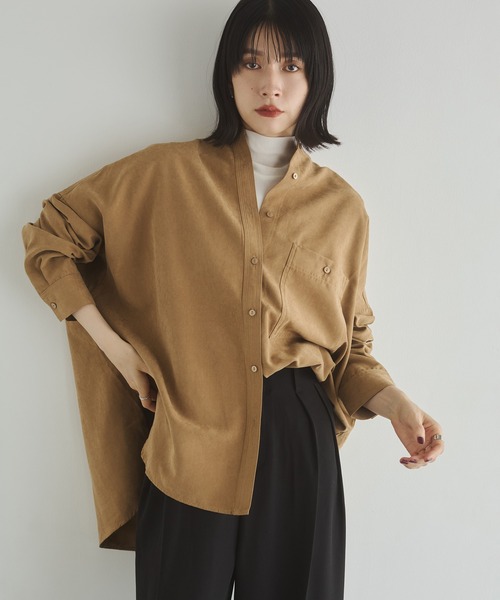 hunch(ハンチ)の「【WEB限定/別注】スウェードライク バンドカラーオーバーサイズシャツ(シャツ/ブラウス・レディース・ライトブラック/ダークブラウン/ダークベージュ/アイボリー・FREE)」の5枚目の写真