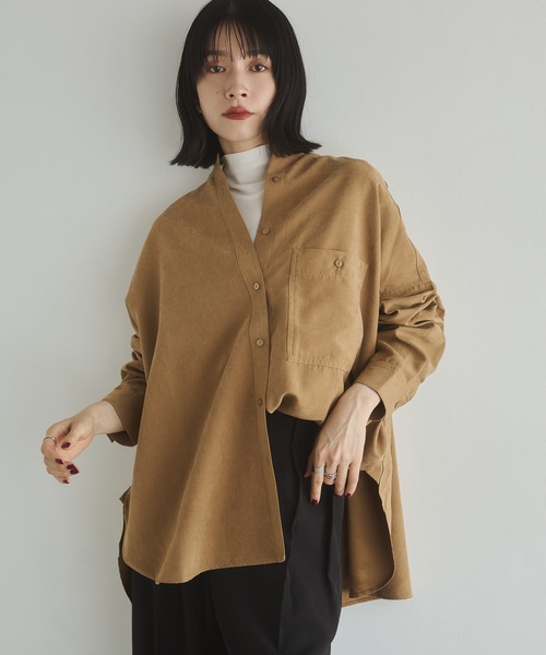 hunch(ハンチ)の「【WEB限定/別注】スウェードライク バンドカラーオーバーサイズシャツ(シャツ/ブラウス・レディース・ライトブラック/ダークブラウン/ダークベージュ/アイボリー・FREE)」の6枚目の写真