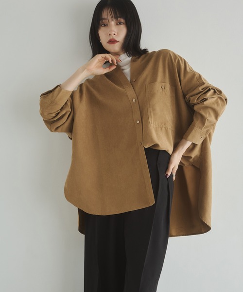 hunch(ハンチ)の「【WEB限定/別注】スウェードライク バンドカラーオーバーサイズシャツ(シャツ/ブラウス・レディース・ライトブラック/ダークブラウン/ダークベージュ/アイボリー・FREE)」の7枚目の写真