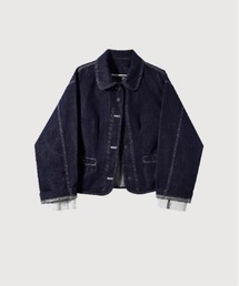 LA POMME petit(|~Ev`)Sleeve Stitching Lapel Denim Jacket(fjWPbg)