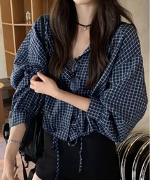 フード付きドロストヘムチェックシャツ