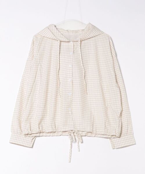 LADY LIKE(レディライク)の「フード付きドロストヘムチェックシャツ(シャツ/ブラウス・レディース・ベージュ/ネイビー・M)」の6枚目の写真