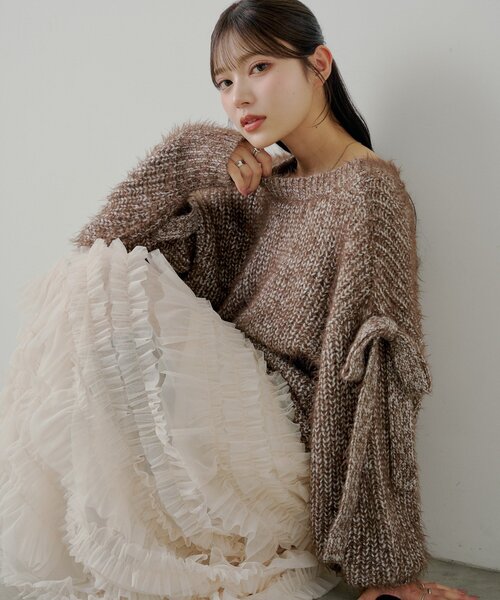 セール】袖リボンルーズリブカーディガン（カーディガン/ボレロ