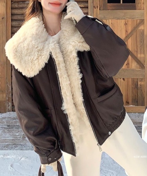 セール】レオパード柄フェイクファージップブルゾン／グレー・モカ