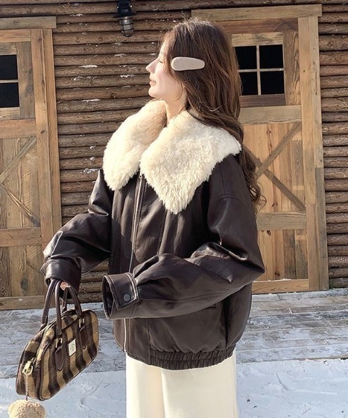 セール】レオパード柄フェイクファージップブルゾン／グレー・モカ