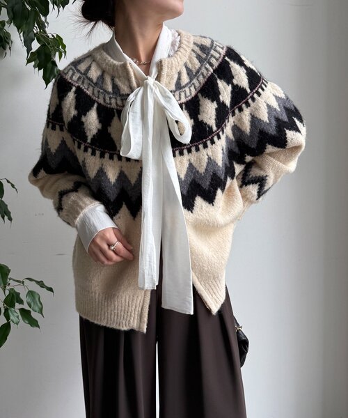 DouDou（ドゥドゥ）の「ノルディック柄ジップニットカーディガン（カーディガン/ボレロ・レディース・アイボリー/グレー・FREE）」の6枚目の写真