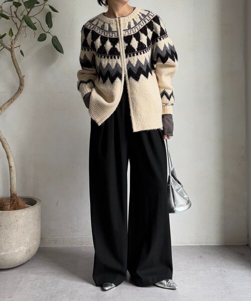 DouDou（ドゥドゥ）の「ノルディック柄ジップニットカーディガン（カーディガン/ボレロ・レディース・アイボリー/グレー・FREE）」の3枚目の写真