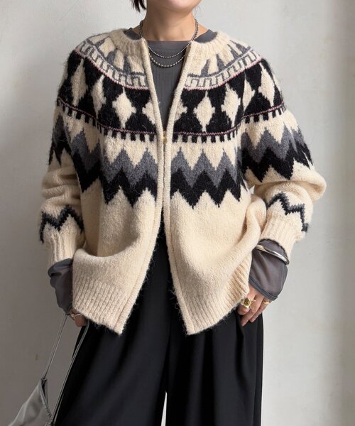 ノルディック柄ジップニットカーディガン（カーディガン/ボレロ