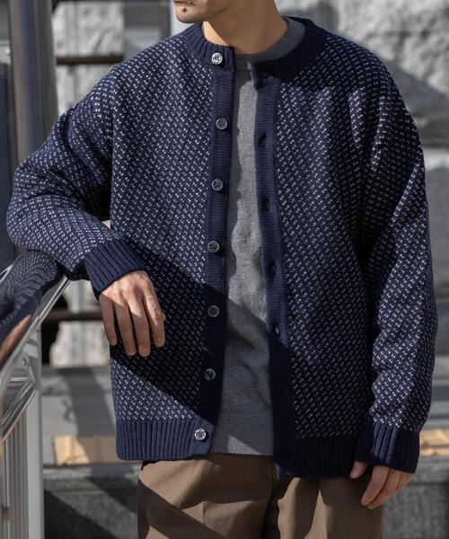 セール】『XLサイズあり』バーズアイ柄クルーニットカーディガン