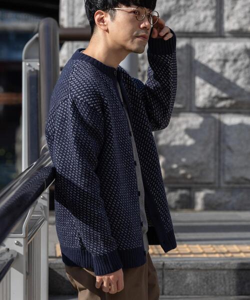 セール】『XLサイズあり』バーズアイ柄クルーニットカーディガン