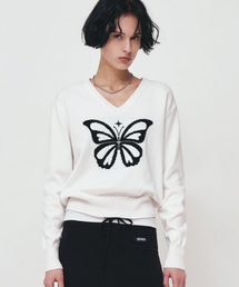 BUTTERFLY V NECK JACQUARD KNIT_IVORY