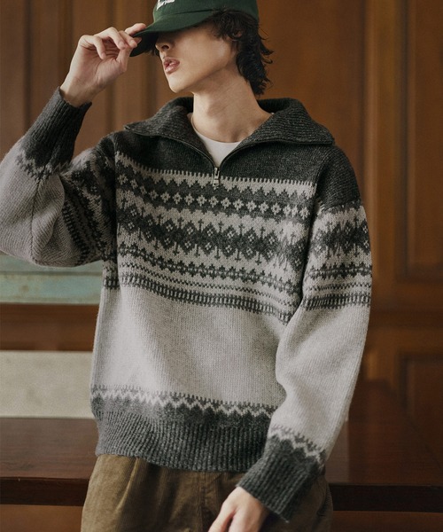 Bleme（ブレム）の「クラシック ノルディック ハーフジップニット 【100% wool】（ニット/セーター・メンズ・グレー/ブラウン・M/S/XL/L）」の2枚目の写真