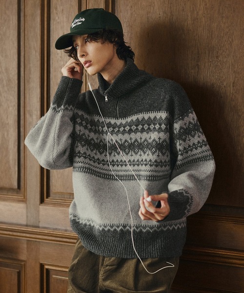 Bleme（ブレム）の「クラシック ノルディック ハーフジップニット 【100% wool】（ニット/セーター・メンズ・グレー/ブラウン・M/S/XL/L）」の4枚目の写真