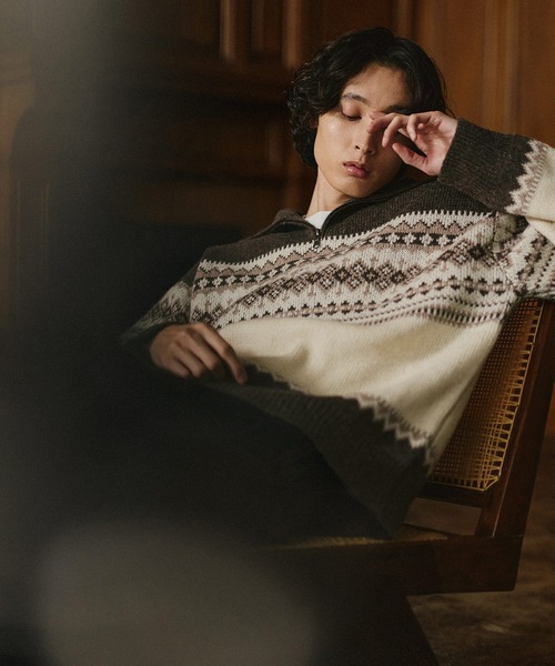 Bleme（ブレム）の「クラシック ノルディック ハーフジップニット 【100% wool】（ニット/セーター・メンズ・グレー/ブラウン・M/S/XL/L）」の14枚目の写真