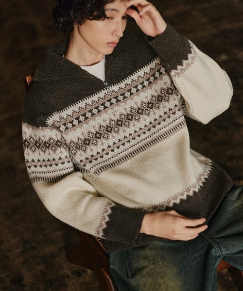 Bleme（ブレム）の「クラシック ノルディック ハーフジップニット 【100% wool】（ニット/セーター・メンズ・グレー/ブラウン・M/S/XL/L）」の15枚目の写真