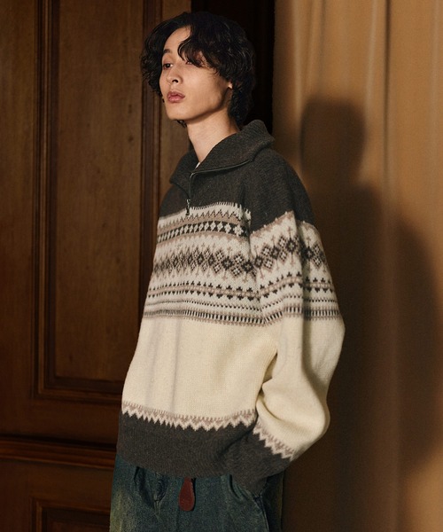 Bleme（ブレム）の「クラシック ノルディック ハーフジップニット 【100% wool】（ニット/セーター・メンズ・グレー/ブラウン・M/S/XL/L）」の16枚目の写真