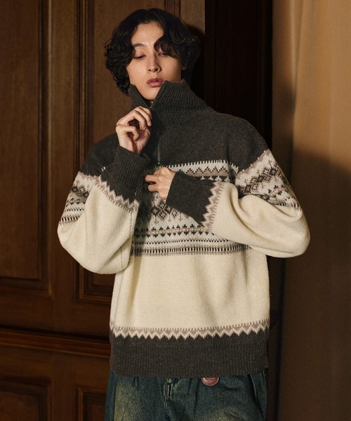 Bleme（ブレム）の「クラシック ノルディック ハーフジップニット 【100% wool】（ニット/セーター・メンズ・グレー/ブラウン・M/S/XL/L）」の17枚目の写真