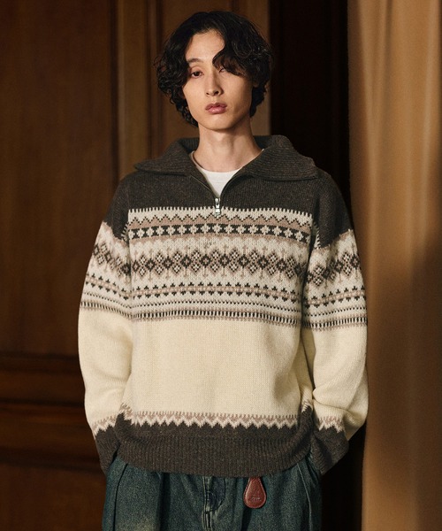 Bleme（ブレム）の「クラシック ノルディック ハーフジップニット 【100% wool】（ニット/セーター・メンズ・グレー/ブラウン・M/S/XL/L）」の18枚目の写真