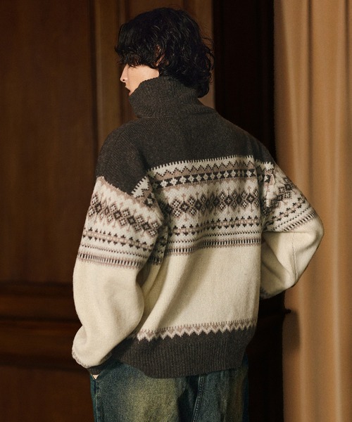 Bleme（ブレム）の「クラシック ノルディック ハーフジップニット 【100% wool】（ニット/セーター・メンズ・グレー/ブラウン・M/S/XL/L）」の19枚目の写真